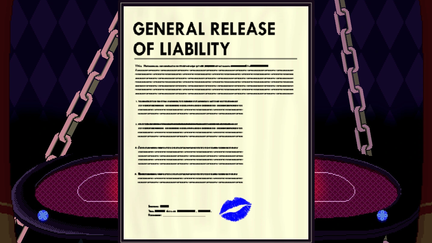 A liability waiver with a blue lipstick mark fills the screen above a purple card table.