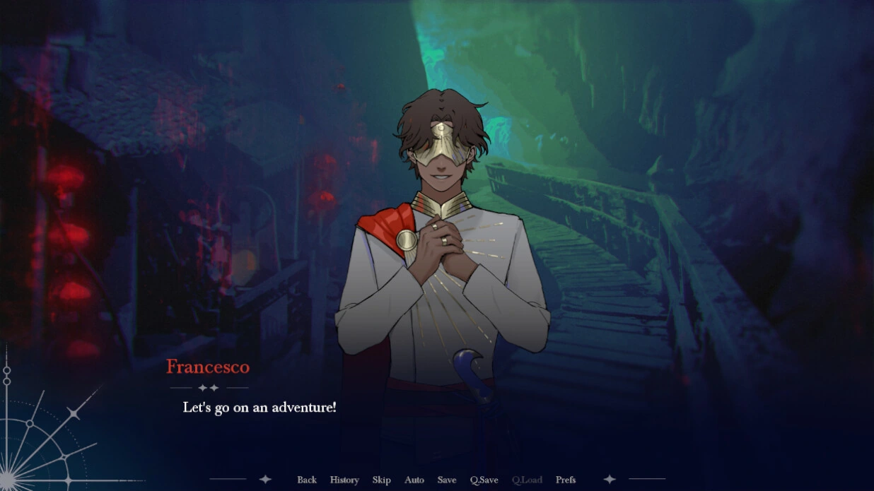 Francesco parla in una caverna blu-verde, indossando la maschera, una camicia e un gilet.