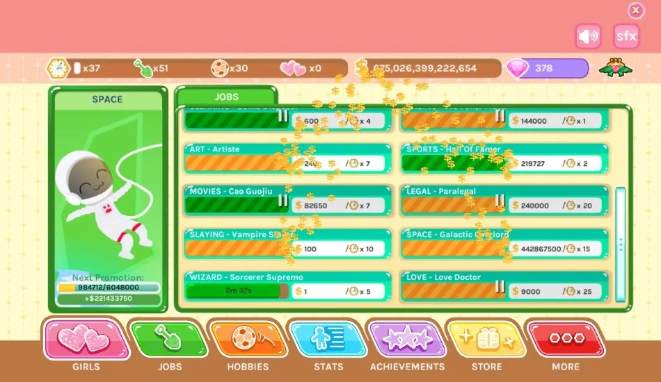 Nutaku版Crush Crushの「仕事」画面には、時間制の仕事の選択肢、収入、宇宙飛行士の仕事が表示されています。