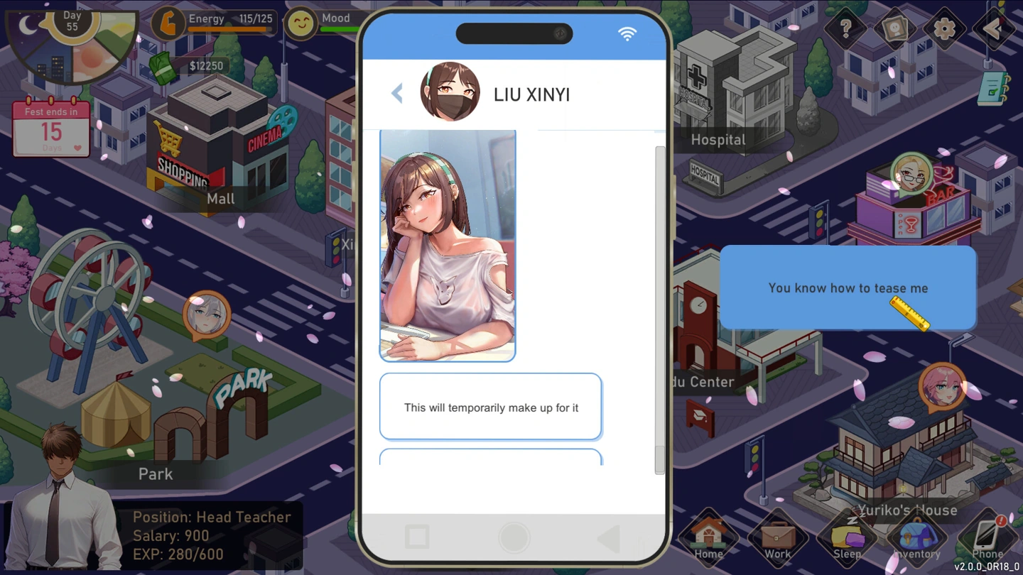 The in-game phone shows a Liu Xinyi conversation and photo over a town map with energy, mood and money displays.