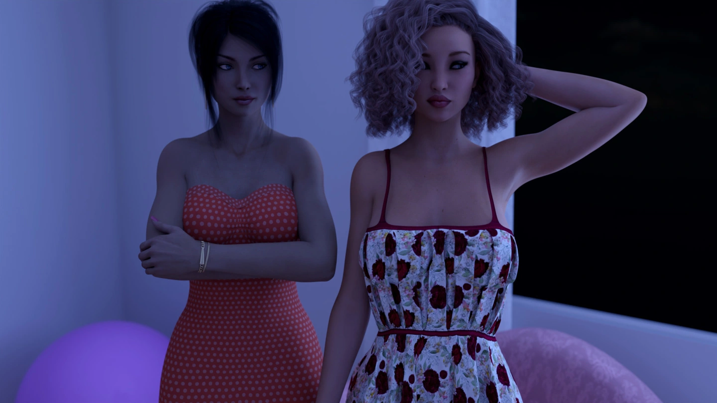Two covered women in red and floral dresses stand in a bedroom under blue evening light.