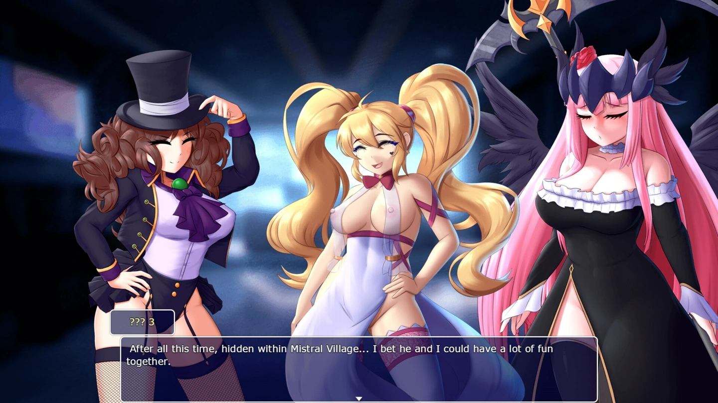 露出の多いファンタジー衣装を着た3人の魔物娘。シルクハットをかぶった女性と、ピンク色の髪で翼のある女性がおり、下には村での会話が表示されている。