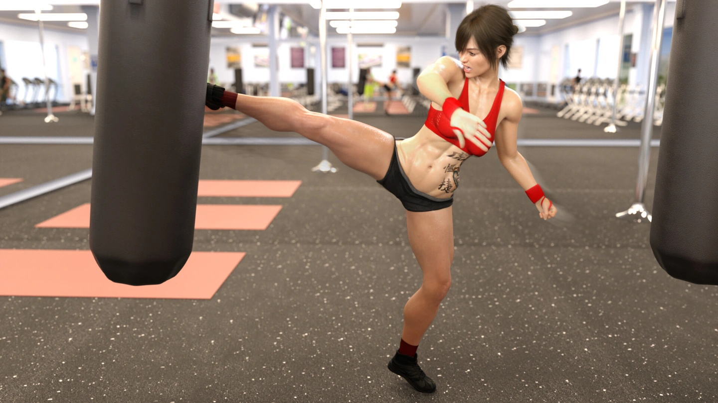 Uma mulher de cabelo escuro, com bandagens vermelhas nas mãos, um top esportivo vermelho e shorts pretos, chuta um saco de pancadas em uma academia.