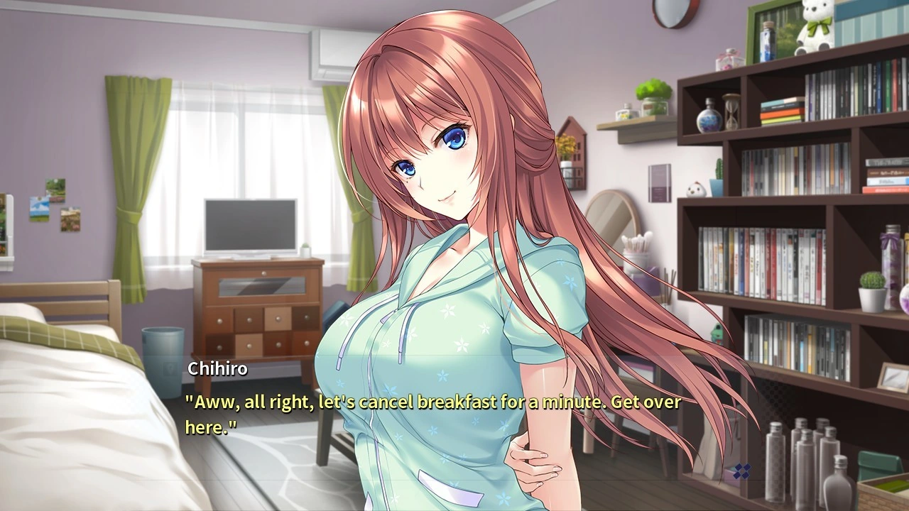 Chihiro smiles in a mint-colored top in an apartment, with dialogue and reading controls visible.