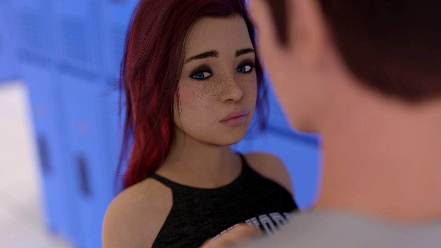 A covered red-haired woman looks towards a clothed man in a close rendered dialogue composition.