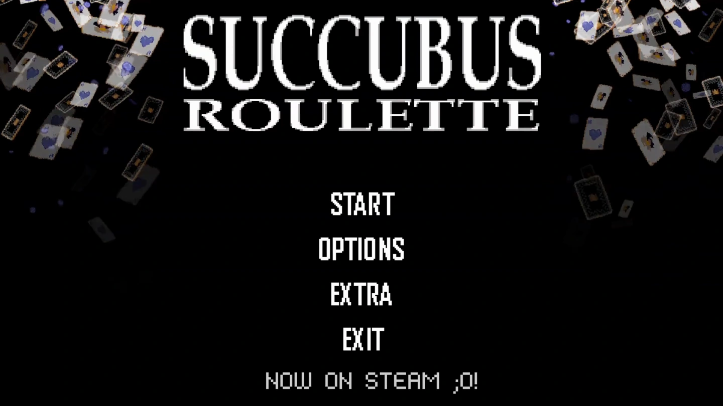 The Succubus Roulette menu lists Start, Options, Extra and Exit against falling heart and character cards.