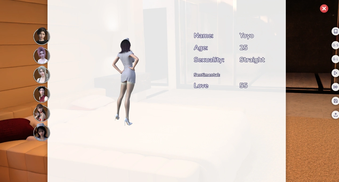 City Lights Love Bites’ character screen identifies Yoyo, age 25, beside her nurse outfit, Love value and selectable portraits.