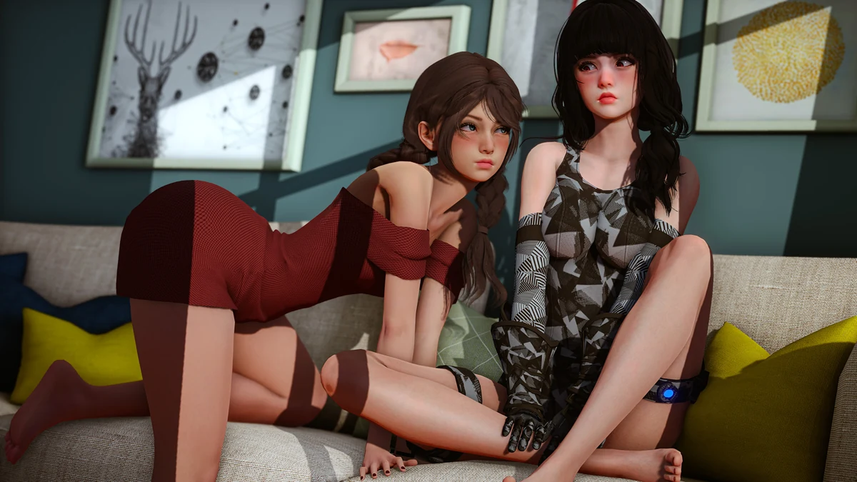Two clothed characters sit together on a sofa.