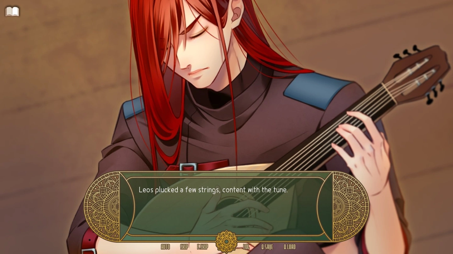 Red-haired Leos in a dark outfit plays a guitar beside story text in The Divine Speaker.