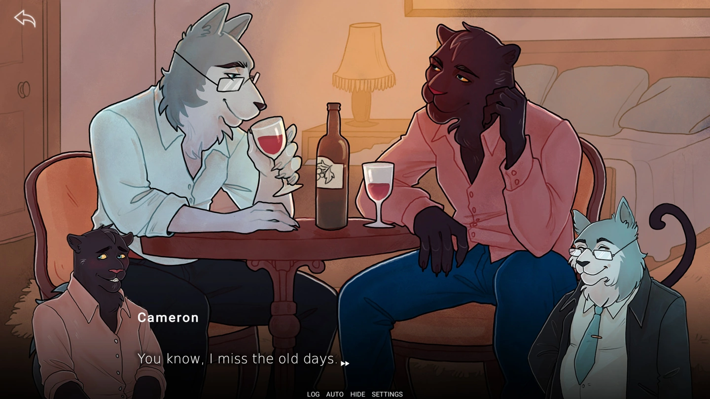 Deux hommes anthropomorphes partagent du vin à une table ; Cameron est nommé dans le dialogue.