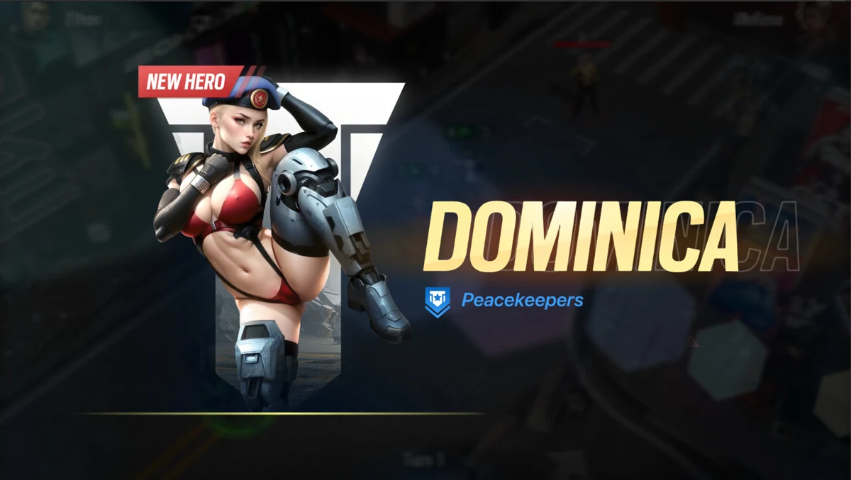 A Lust Goddess New Hero announcement for Dominica, wearing a red bikini and mechanical armor.