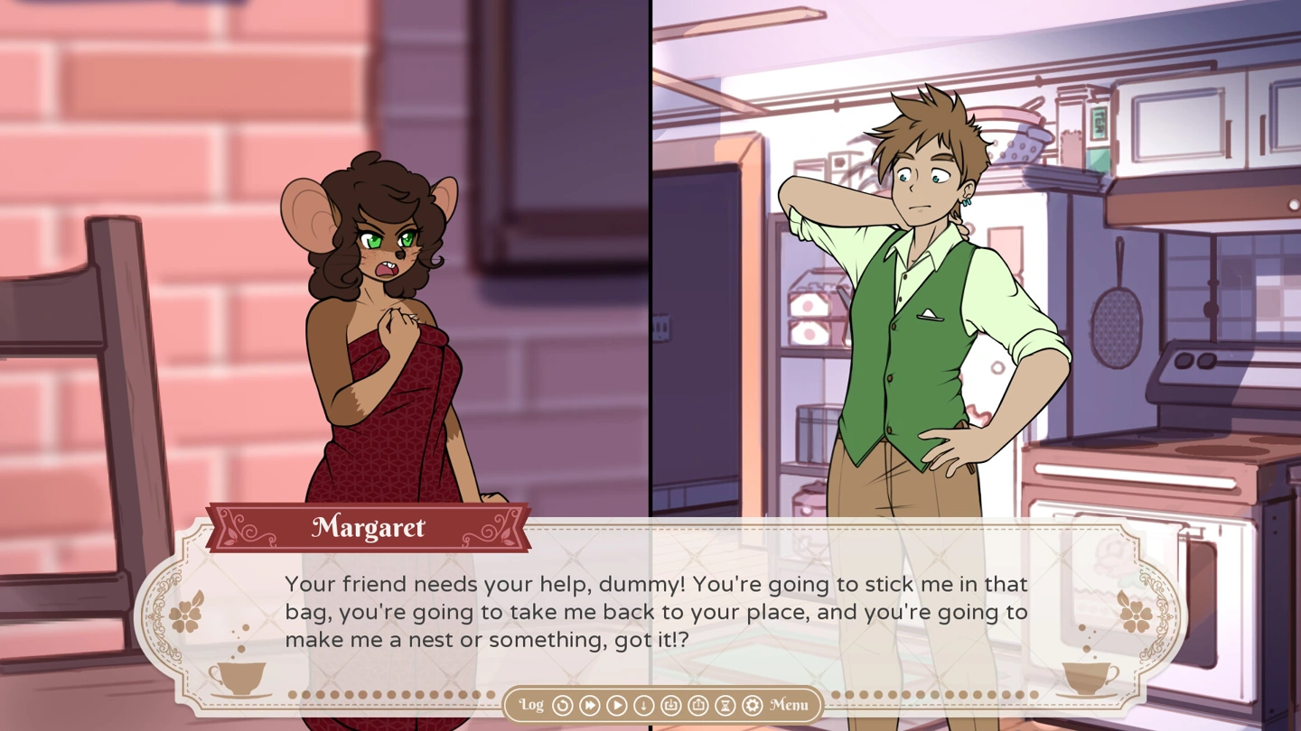 Mouse-transformed Margaret talks with a clothed man inside the tea shop.