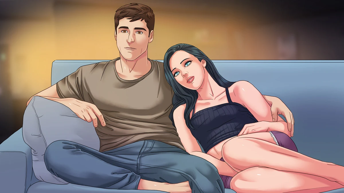 Two clothed characters relax together on a sofa.
