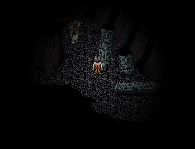An explorer facing pillars carved with rows of stone faces in a dark temple.
