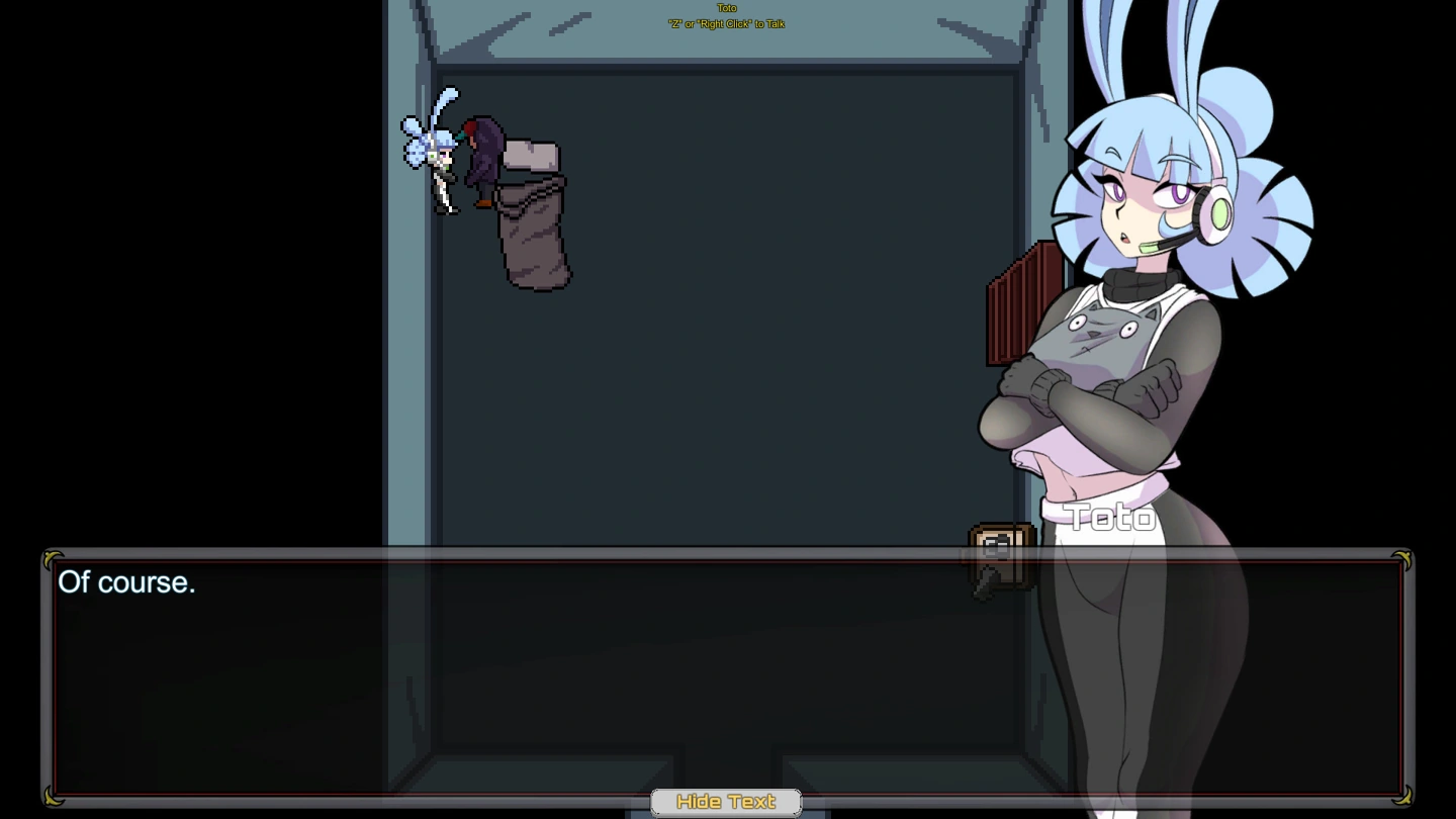 Une femme aux cheveux bleus, portant un casque à oreilles de lapin, un body noir et un tablier clair orné d'un motif de visage, se tient à côté d'une boîte de dialogue dans le campement en pixel art.