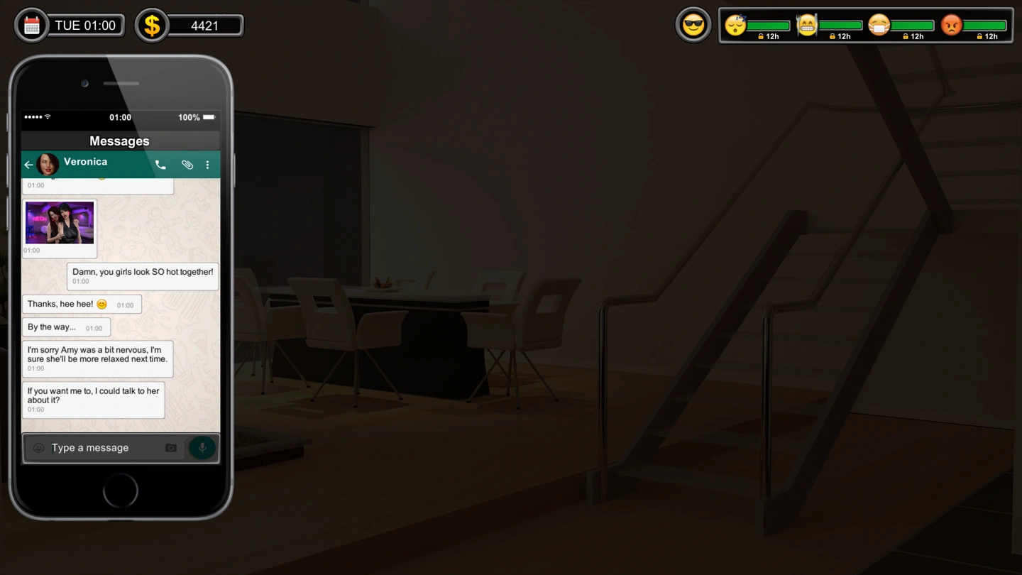 The in-game phone shows an ordinary message conversation with Veronica beside the darkened house.