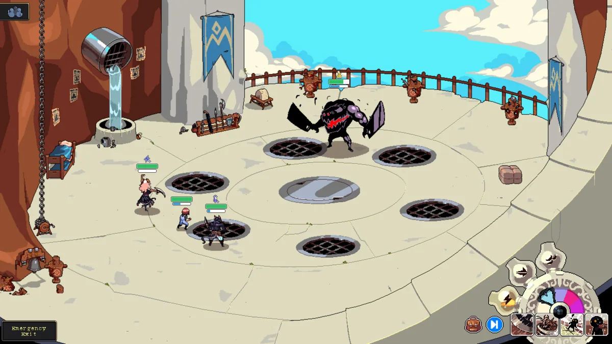 A turn-based battle on a rooftop.