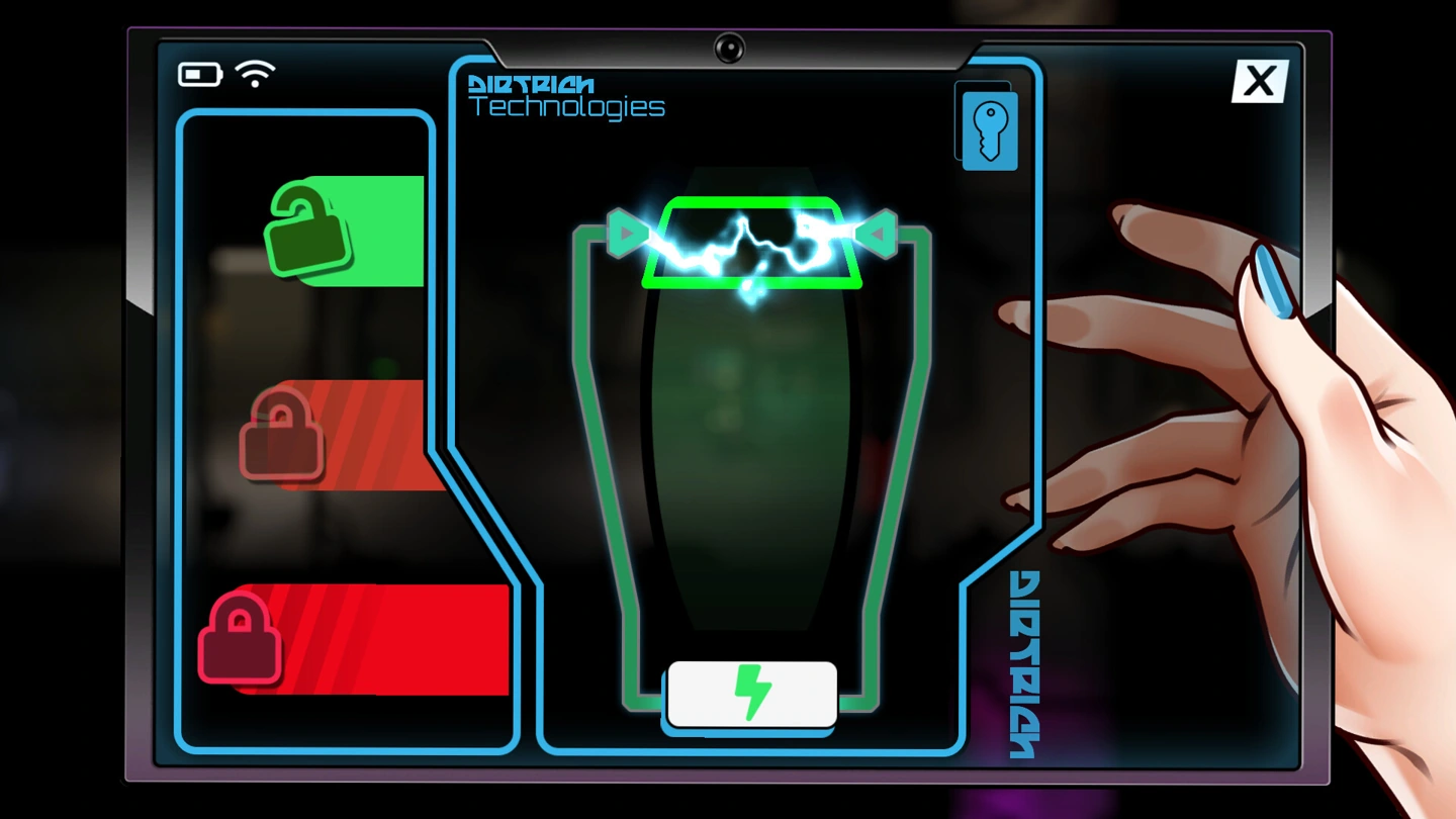 A handheld hacking interface shows an electric circuit, green and red lock indicators and arrow controls.