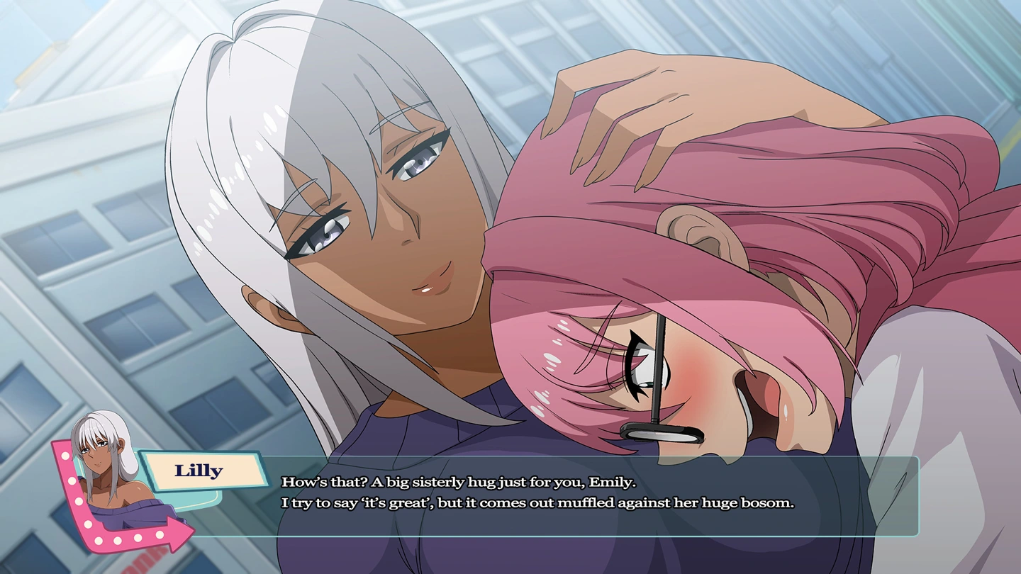 A white-haired woman in a purple top hugs the pink-haired woman in glasses, with Lilly named above the dialogue.
