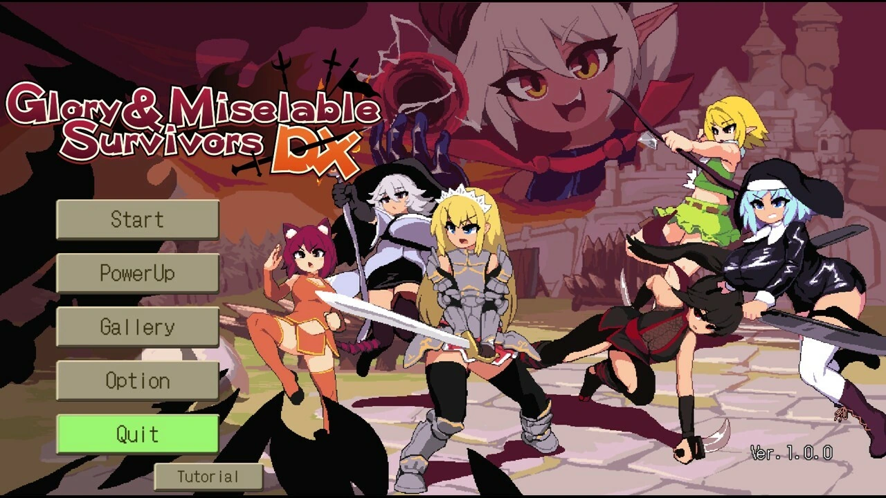 Glory and Miserable Survivors DX cast beside its start and gallery menu