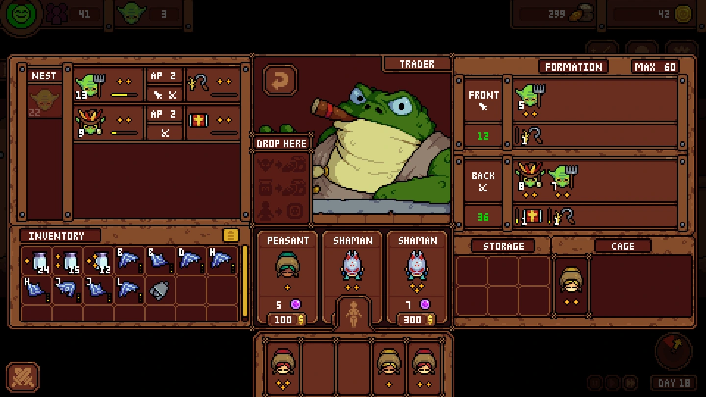 Un marchand ressemblant à une grenouille apparaît à côté d’une boutique d’unités, d’une grille de formation et d’un inventaire.
