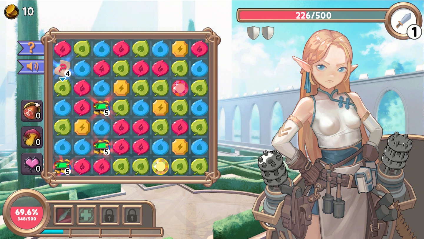 An armored elf stands beside a match-three board with timed hazards and combat gauges.