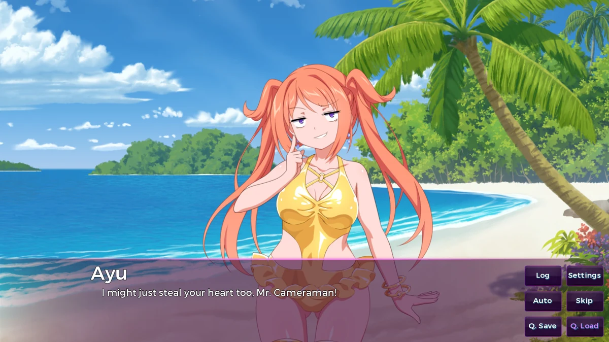 Ayu parla su una spiaggia tropicale indossando un costume giallo.