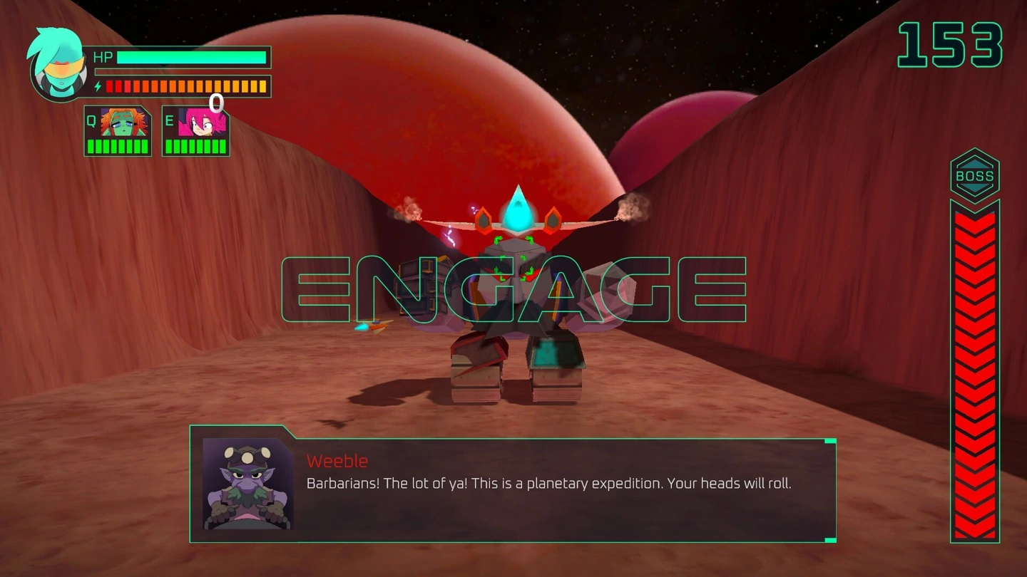 A desert boss encounter with crew ability indicators, Weeble’s dialogue and a boss health bar.