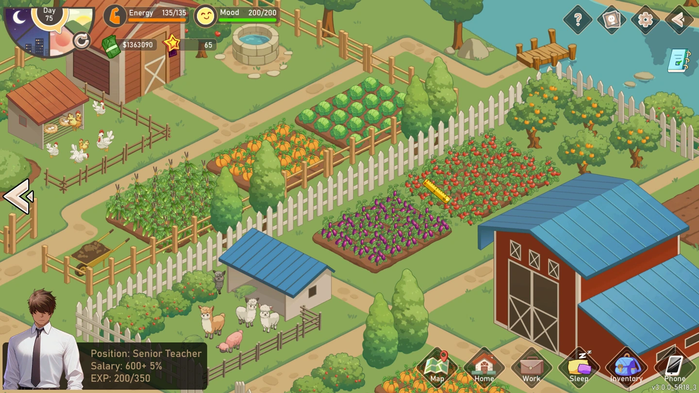 An isometric farm contains crops, fruit trees, animals and a teacher portrait beside energy, mood and salary displays.
