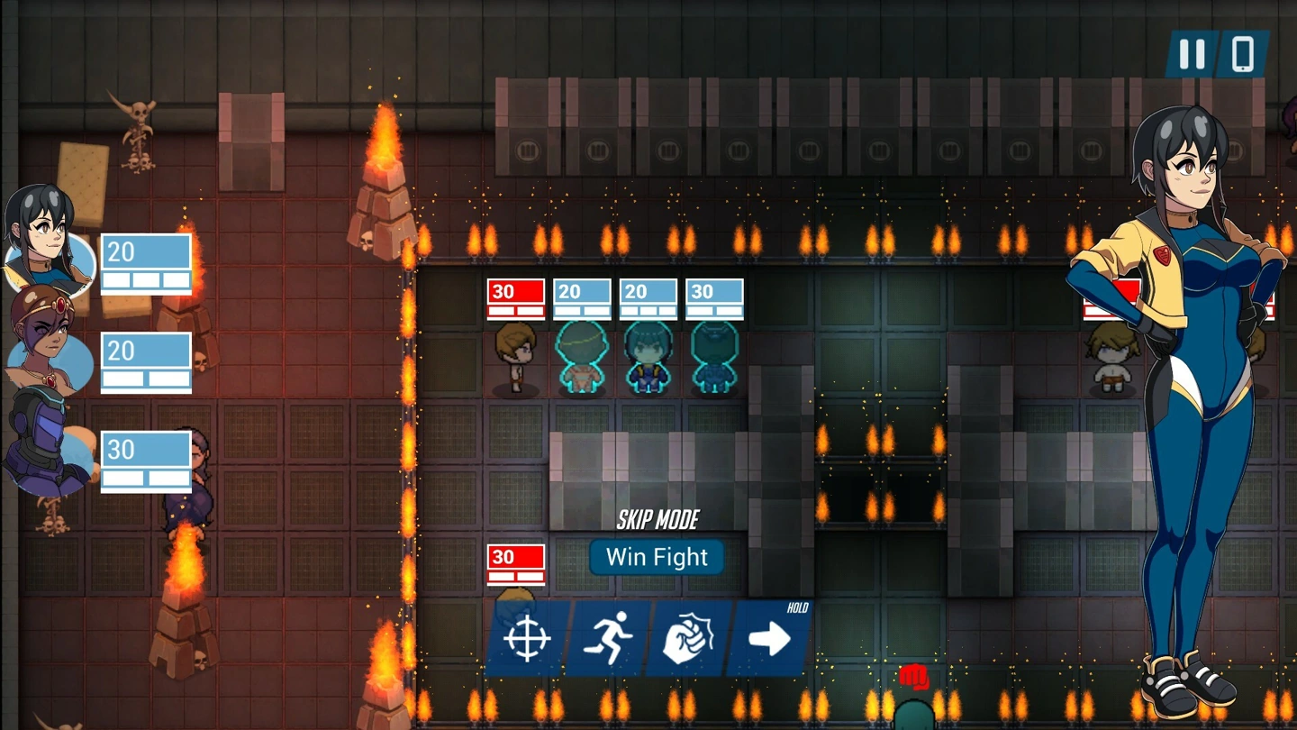 A tactical battle grid shows allies, enemies, fire hazards and skip-mode controls.