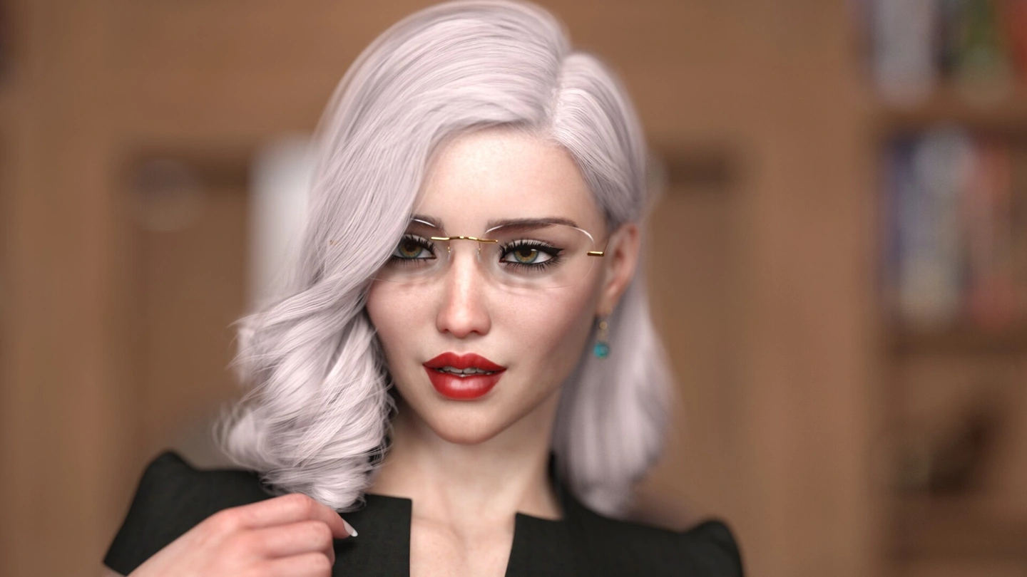 Uma mulher de cabelo branco, com óculos, batom vermelho e um top preto, aparece em um retrato em close.