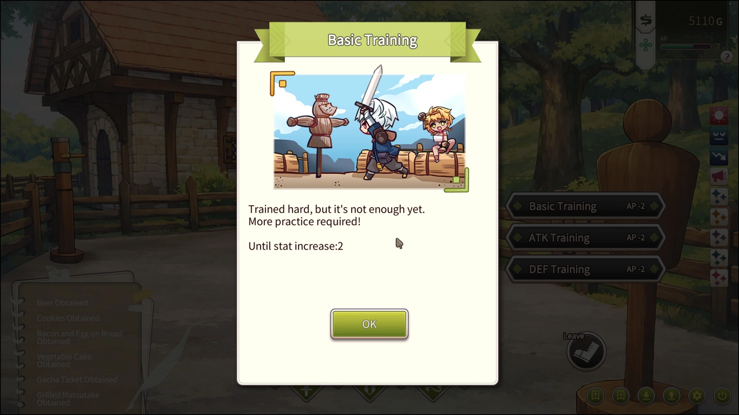 Basic Training popup shows a chibi swordsman practising at a dummy, another chibi figure and progress toward a stat increase.