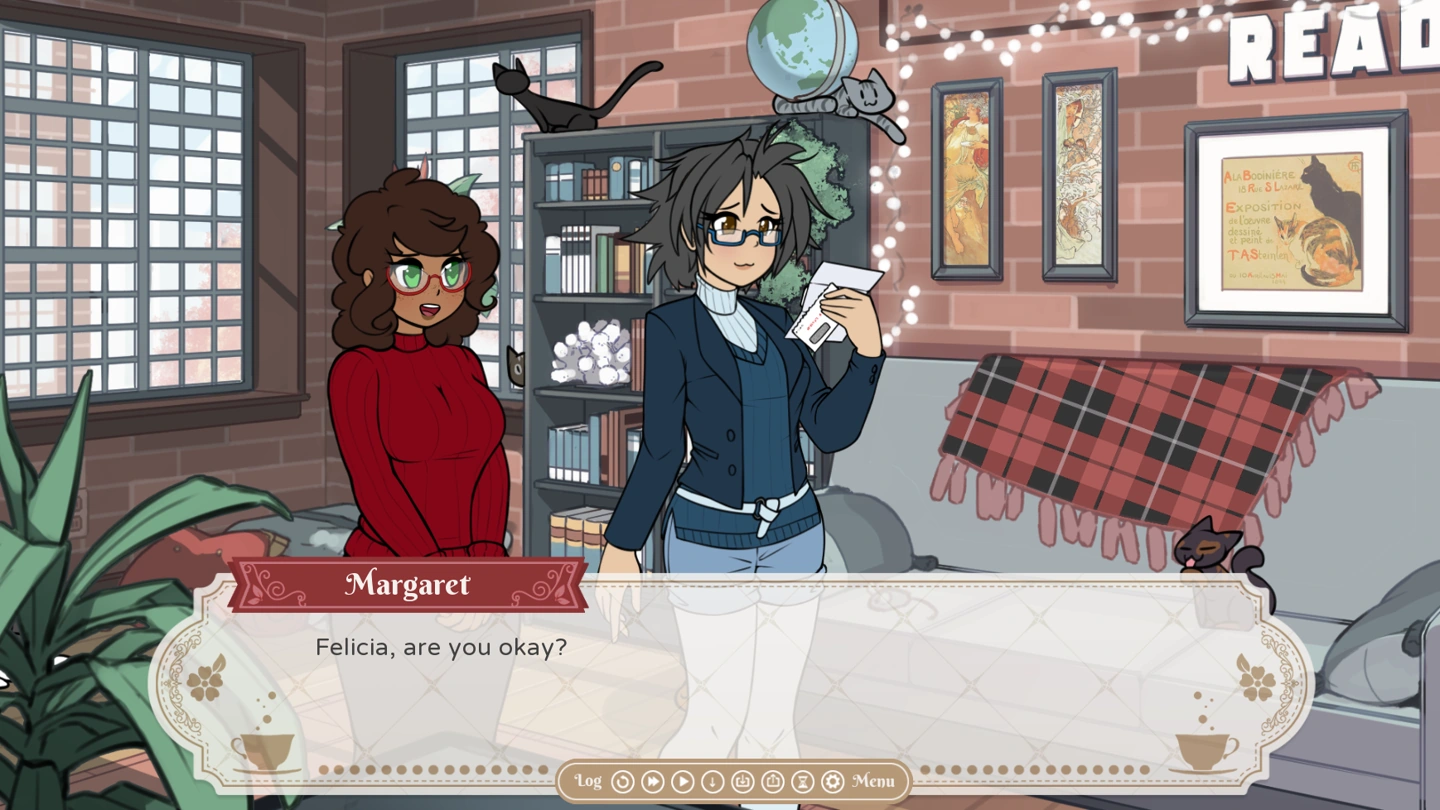 Margaret in her red top asks a clothed Felicia if she is okay inside the bookstore.
