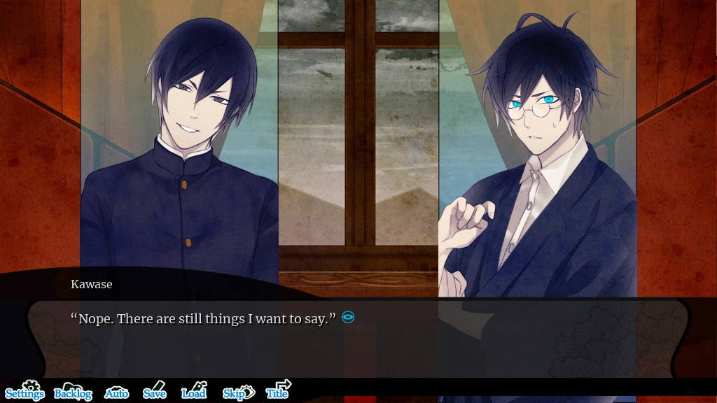 Kawase and Tamamori wear dark clothes beside a curtained window, with Kawase’s dialogue below in Hashihime.