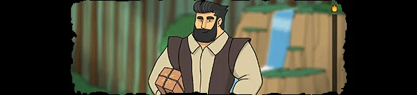 An illustrated bearded woodsman in a vest and cap stands before green trees.