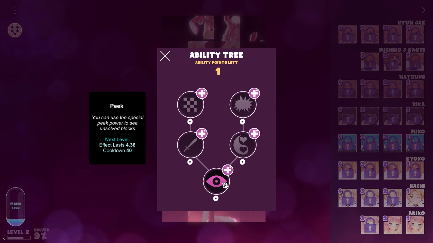 The puzzle ability tree with upgrade buttons and a Peek tooltip showing its duration and cooldown.
