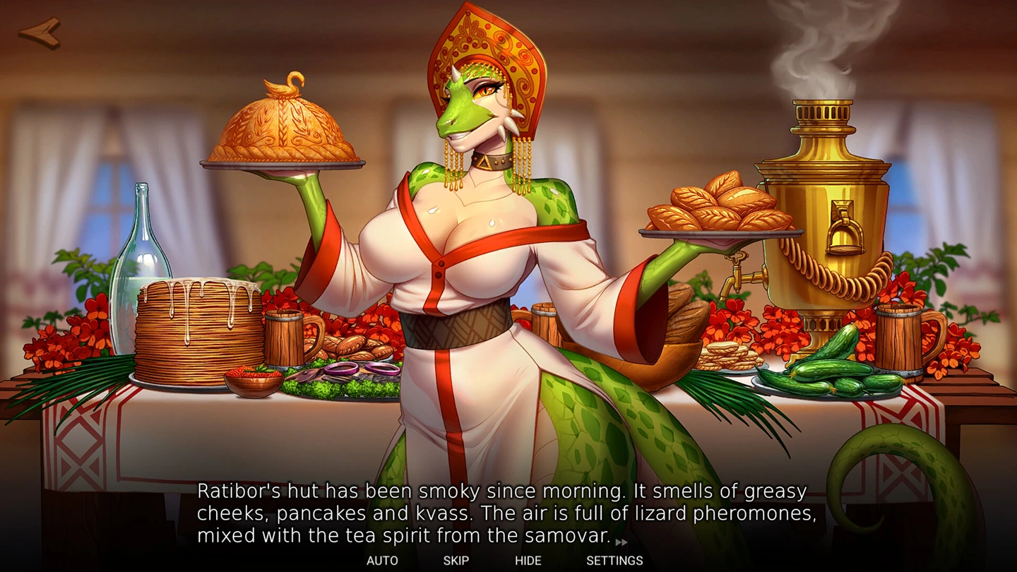 Veinte in a white-and-red dress and ornate headdress, holding two food platters beside a samovar.