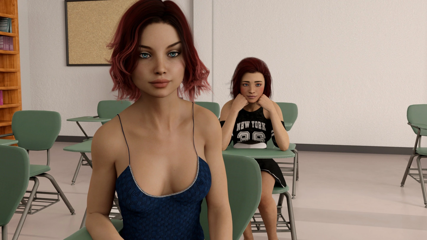 Two covered red-haired women sit at classroom desks, with one facing the viewer in the foreground.