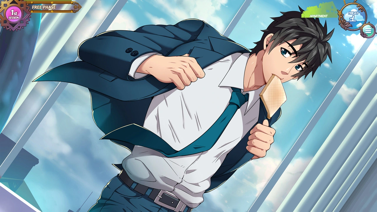 Tomoki court dehors dans son costume bleu, sa cravate desserrée passée sur une épaule.