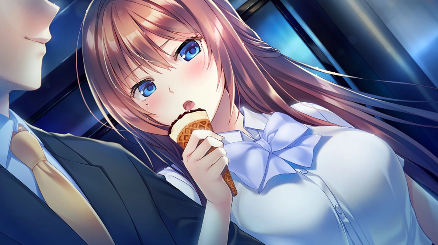 Chihiro holds a pastry while standing close to a suited man at night.