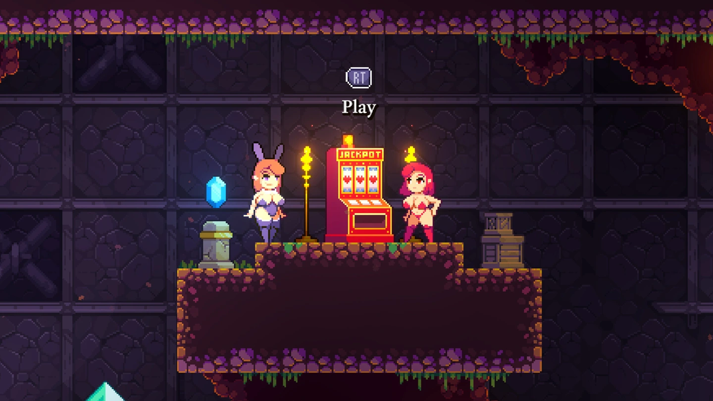 Scarlet et un personnage habillé aux oreilles de lapin se tiennent à côté d'une machine à jackpot.