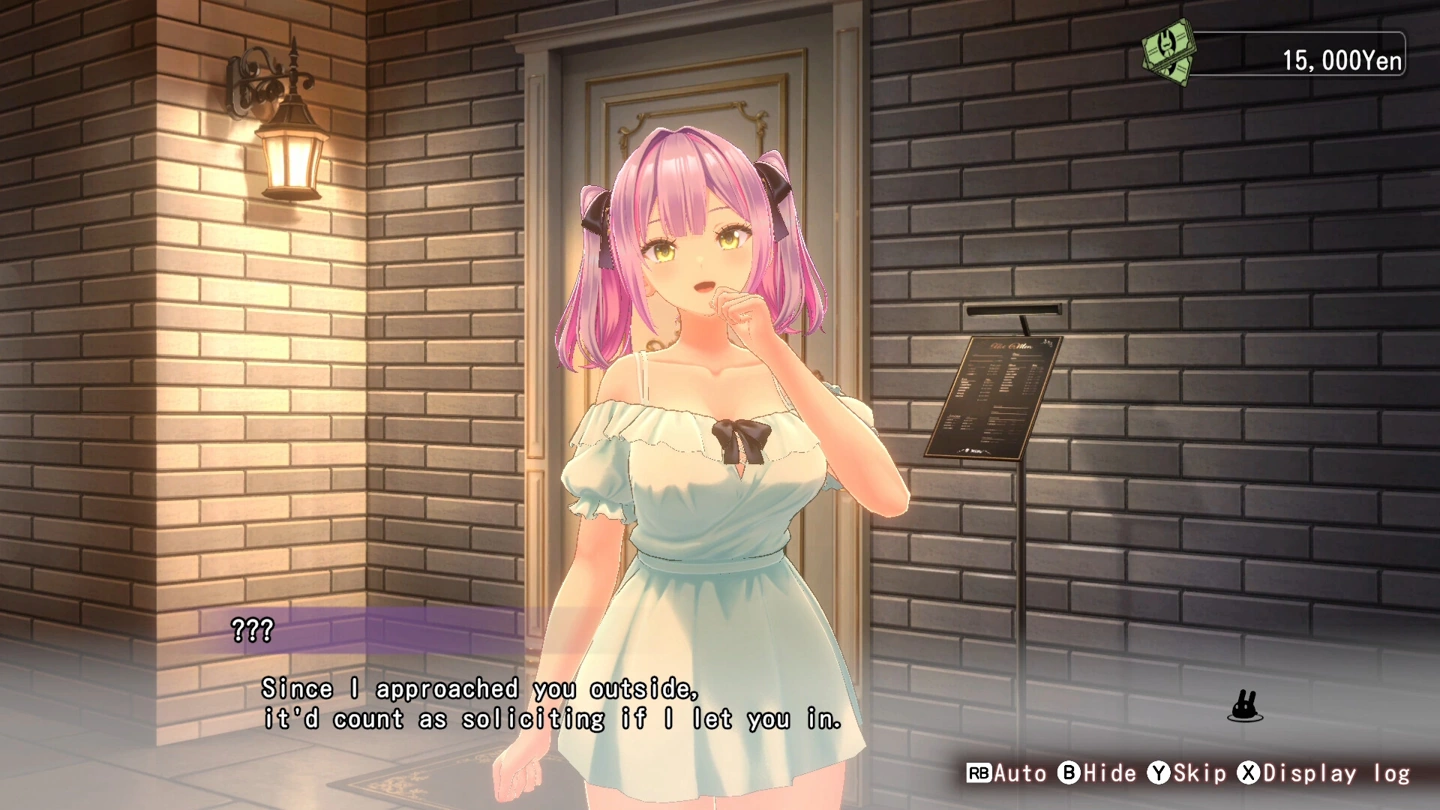 A pink-haired woman in a low-cut mint dress speaking outside the bar, with the cash balance and dialogue controls.