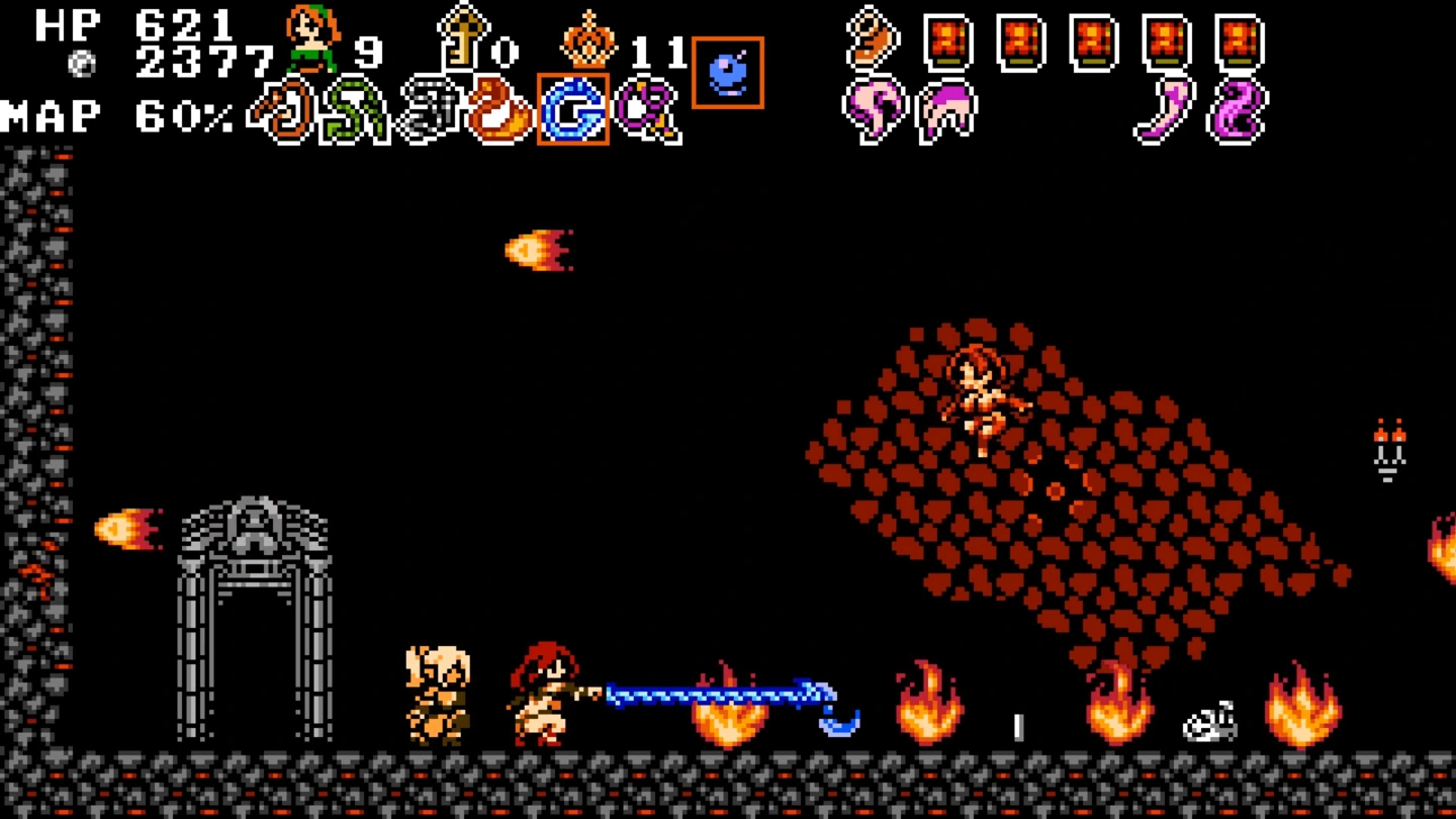 Midnight Castle Succubus shows pixel-art combat, projectiles, flames and status icons.