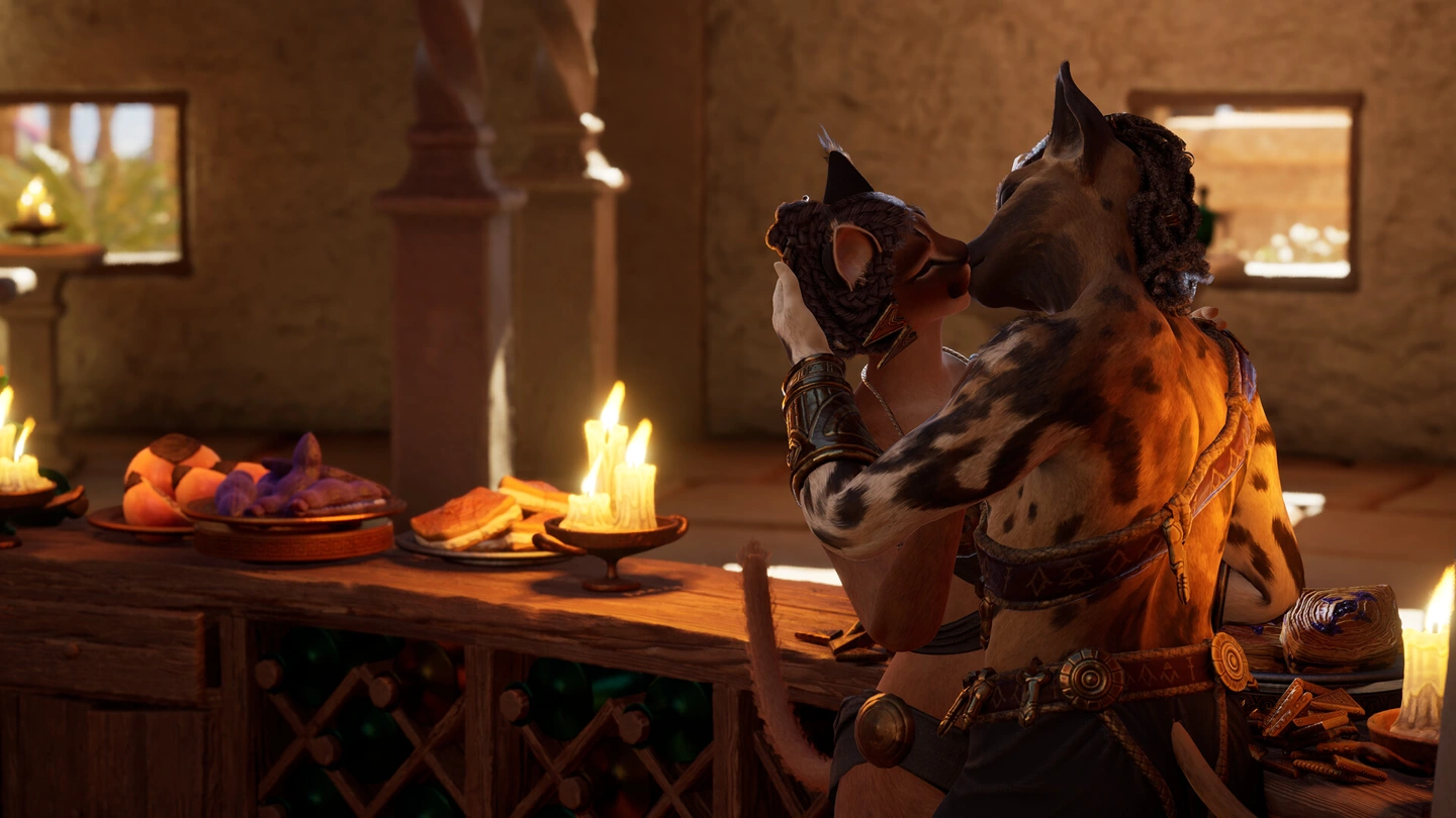 Dos personajes felinos vestidos se besan junto a comida y velas.