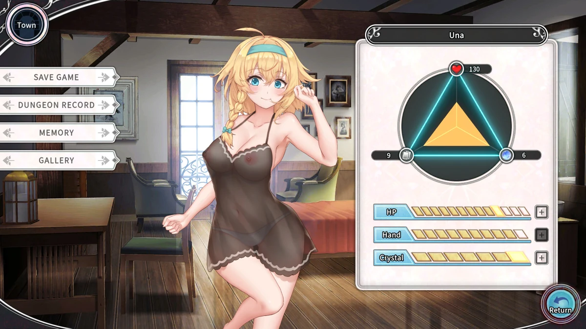 O menu principal combina o retrato de um personagem vestido com um gráfico de atributos e opções do jogo.