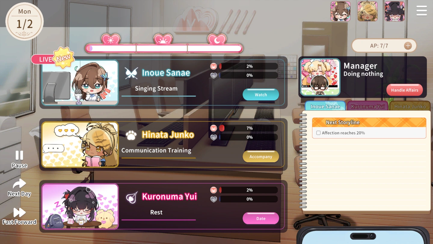 Ежедневная панель показывает трёх VTuber-девушек, элементы управления занятиями, шкалы привязанности и следующее сюжетное условие.