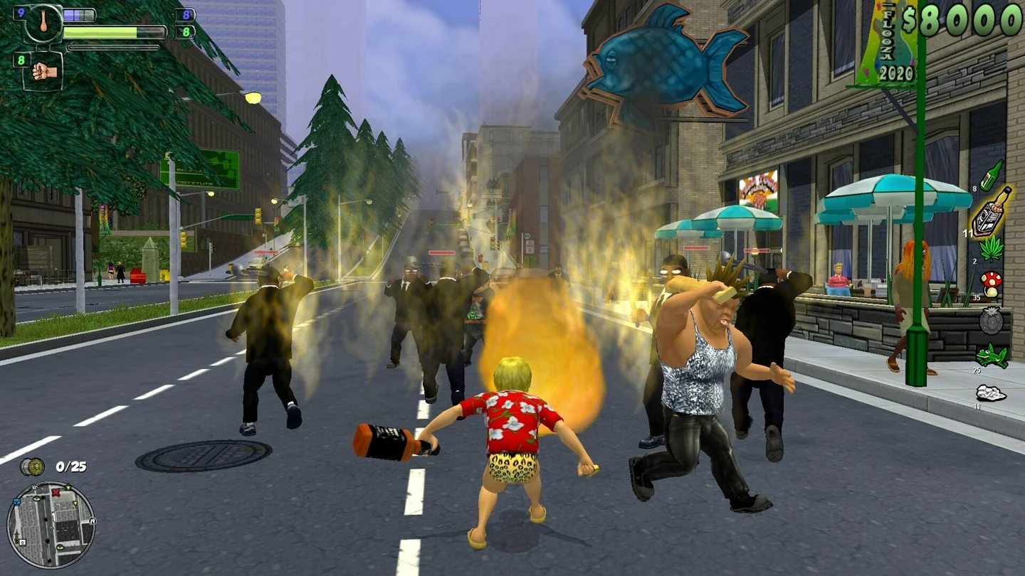 Der Avatar von BoneTown steht auf einer Stadtstraße einer Menschenmenge gegenüber; Feuereffekte und ein sichtbares HUD sind zu sehen.