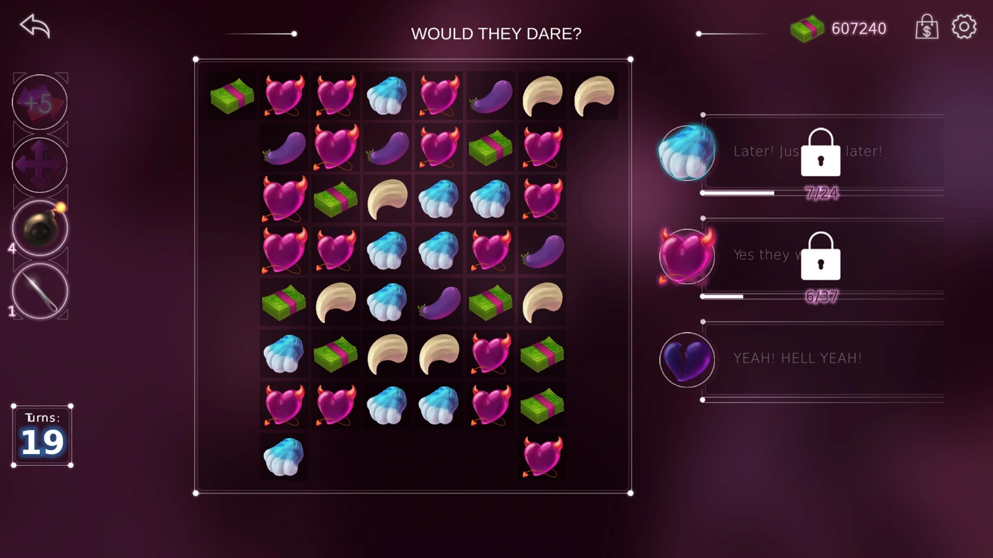 Irregular match-three board beside three branching objectives