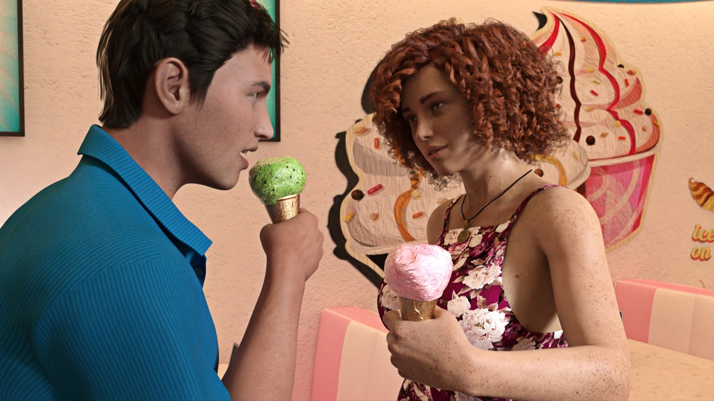 A man in a blue shirt and a curly-haired woman in a floral sleeveless top hold ice-cream cones before a café mural in Come Home.