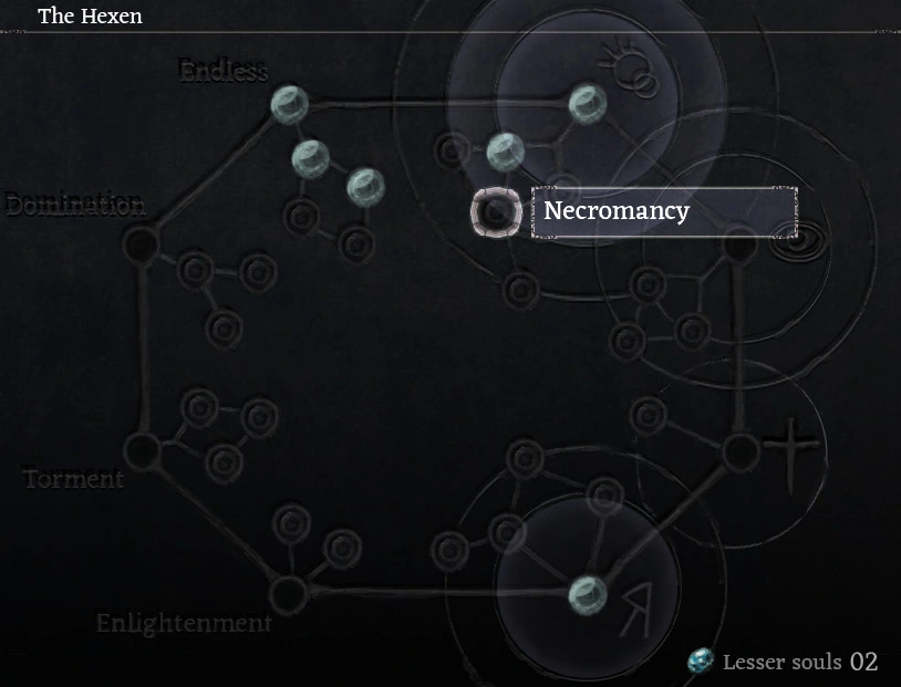 Hexen skill diagram with Necromancy selected and two lesser souls shown.
